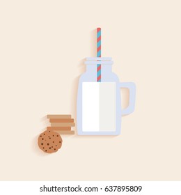 A jar with milk and a straw and biscuits in a flat style