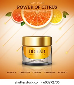 Jar with moisture cream based on citrus for cosmetic ads or magazine template.