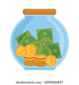 jar with money coins and bills dollars vector illustration design