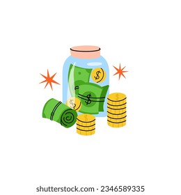 Jar of money. Green different dollar banknotes and golden coins. Family budget, earnings and income. Safe finance investment, bank deposit. Finance and business sticker vector cute cartoon concept