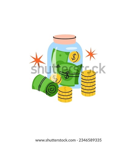 Jar of money. Green different dollar banknotes and golden coins. Family budget, earnings and income. Safe finance investment, bank deposit. Finance and business sticker vector cute cartoon concept
