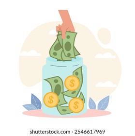 Jar with money. Hand with banknotes and golden coins. Financial literacy and passive income, family budget. Accounting and budgeting. Flat vector illustration isolated on white background