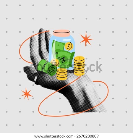 Jar of money. Hand halftone collage. Dollar banknotes and golden coins. Family budget, earnings and income. Safe finance investment, bank deposit. Finance and business sticker, vector cartoon concept