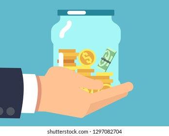 Jar with money in hand. Saving money flat vector concept