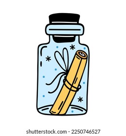 Jar with a mysterious message. Simple vector icon. Doodle isolated on white. Glass bottle with cork. Rolled scroll. Shiny paper in a transparent container. Flat cartoon clipart for cards, posters