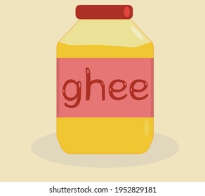 Jar of natural ghee butter (oil). Flat vector illustration. Bright yellow ghee butter in glass