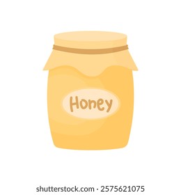 A jar of natural honey in cartoon style on a white background isolated. Bee farm honey. Jar of honey with handwritten lettering "honey"