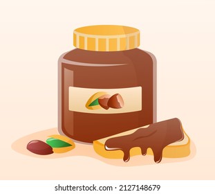 Jar of nut paste. Sweets and popular products, morning and traditional breakfast. Nuts and healthy fats. Bread with sugar, tea or coffee dish. Fast and unhealthy food. Cartoon flat vector illustration
