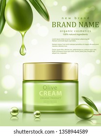 Jar of olive cream on green background . Element for modern design, advertising for sales, template cosmetic face cream, body. Realistic vector illustration