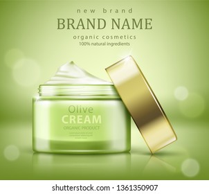 Jar of olive cream on green background . Element for modern design, advertising for sales, template cosmetic face cream, body. Realistic vector illustration.