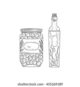 Jar Of Olives And Bottle  Olive Oil Hand Drawn Realistic Sketch