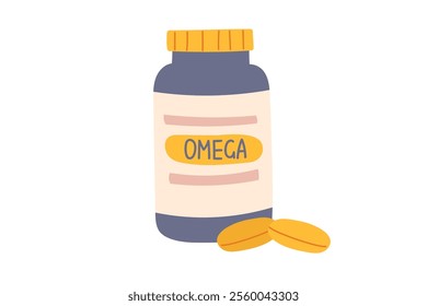 Jar with omega capsules isolated on white background. Concept of medicine, healthcare, cure and vitamins. Vector flat clipart.