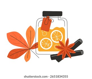 Jar of Orange Jam with Cinnamon Sticks Anise and Chestnut Autumn Leaf in Flat Style