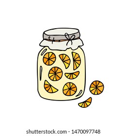 Jar with orange jam. Hand drawn vector illustration.