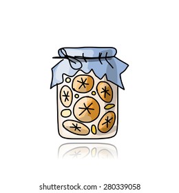 Jar with orange jam, sketch for your design. Vector illustration