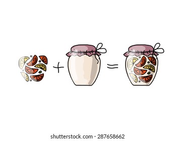 Jar with orange jam, sketch for your design. Vector illustration