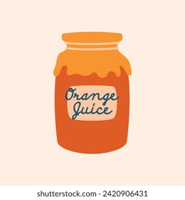 Jar with orange juice or honey. Illustration with village aesthetics in flat design. Cartoon minimalist cozy clip art. Cottagecore. Farm life.