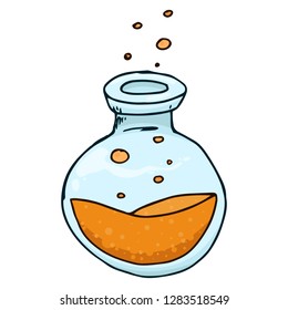 Jar with orange liquid and bubbles hand drawn. Vector illustration of a jar. Jar with bubbles icon.