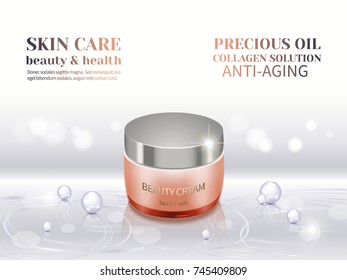 Jar of organic cream, 3d composition on textured glowing white background.Design cosmetic product advertising, blur and bokeh background, sparkling effect.