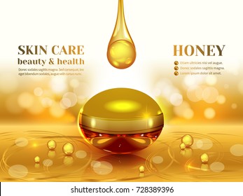 Jar of organic cream with golden honey, composition on textured glowing yellow background.Design cosmetic product advertising, blur and bokeh background, sparkling effect.