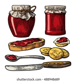 Jar with packaging paper, spoon, knife and slice of bread with jam. Isolated on white background. Vector color vintage engraving illustration for menu
