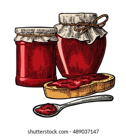 Jar with packaging paper, spoon and slice of bread with jam. Isolated on white background. Vector color vintage engraving illustration for menu