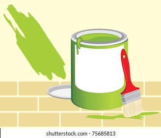 Jar with a paintbrush among grass. Vector