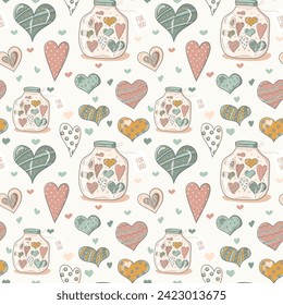 Jar pattern with hearts and decorative heart. Seamless pattern. Valentine's Day elements. Valentine's Day greeting card. Colorful background design with objects and symbols. Vector illustration.