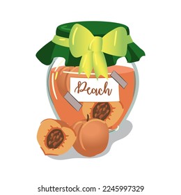 A jar of peach jam is a cute vector illustration. Vintage glass container with jelly and berry label. Cute vector illustration for printing on textiles and paper