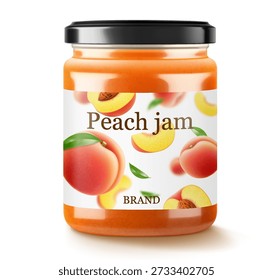 Jar with peach jam isolated on white background. Canned peach in a glass jar with lid and paper label, Realistic 3d vector illustration. Mockup , preserve in packaging.
