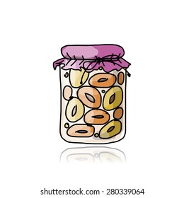 Jar with peach jam, sketch for your design. Vector illustration