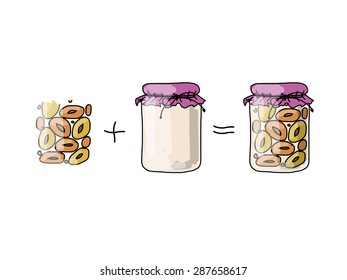 Jar with peach jam, sketch for your design. Vector illustration