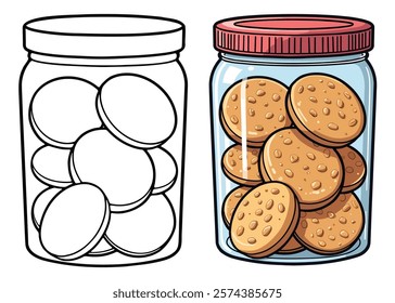 A Jar of Peanut Butter Cookies Line Art Vector Illustration Black and White with Coloring Sample. Bold and Easy Food, Fruits, Sweets, Drinks, Dessert, and Snacks Coloring Pages for Adults and Kids.