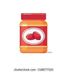 Jar con mantequilla de cacahuete, icono de pasta de nueces en botella de vidrio o plástico con etiqueta. Ilustración plana del vector aislada en fondo blanco