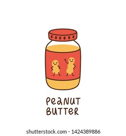 Jar of peanut butter, on the label drawn cute characters dancing peanut. It can be used for menu, banner, poster and other marketing materials. Vector Image. 