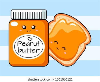 Jar of peanut butter and a sandwich with peanut butter in kawaii style