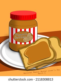 Ein Glas Erdnussbutter und geschnittenes ​ ​ Brot mit Erdnussbutter auf weißem Teller serviert, National Peanut Butter Lover's Day 1. März