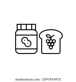 Jar of peanut butter and toast with grape jelly. Breakfast sandwich. Pixel perfect, editable stroke vector icon