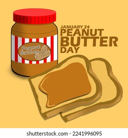 A jar of peanut butter with two slices of bread spread with peanut butter with bold text on light brown background to celebrate Peanut Butter Day on January 24