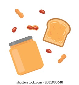 ein Glas Erdnusscreme und ein Erdnussbutter-Sandwich auf isoliertem Hintergrund in einem Cartoon-Flachstil.peanut fruits geschält und in der Schale