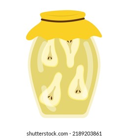 Jar of pear compote in cartoon style, vector isolated on a white background.