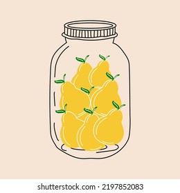 Jar con peras. Compota. Vector al estilo de las caricaturas. Todos los elementos están aislados