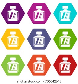Jar of perfume icon set many color hexahedron isolated on white vector illustration