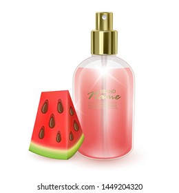 Jar with perfume on a red watermelon background, realistic jar with dispenser, perfume with Watermelon aroma, vector EPS 10 illustration