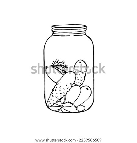 Jar of pickled cucumbers with an open lid. Vector illustration of winter blanks in the style of doodles.