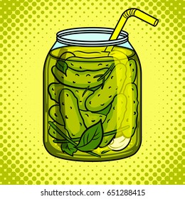 Jar with pickled cucumbers pop art hand drawn vector illustration.