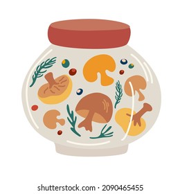Jar of pickled mushrooms. Fermented veggies. Marinated vegetables in can, homemade production full of probiotics. Organic product. Crunch mushrooms with salt. Hand draw vector illustration.