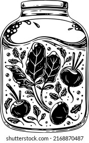 A jar of pickled radishes and parsley.