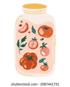 Jar of pickled tomatoes. Pickles tomatoes in jar. Fermented veggies. Marinated vegetables in can, homemade production full of probiotics. Organic product. Crunch tomatoes with salt.