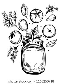 Jar with pickled tomatoes. Sketch illustration. Vector